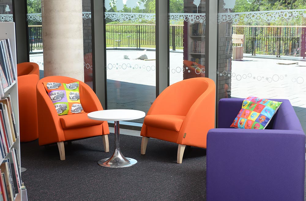 Bespoke Pop-art-inspired theme, Southwater Library (Telford)Pop-art cushions add fun, Southwater Library (Telford)