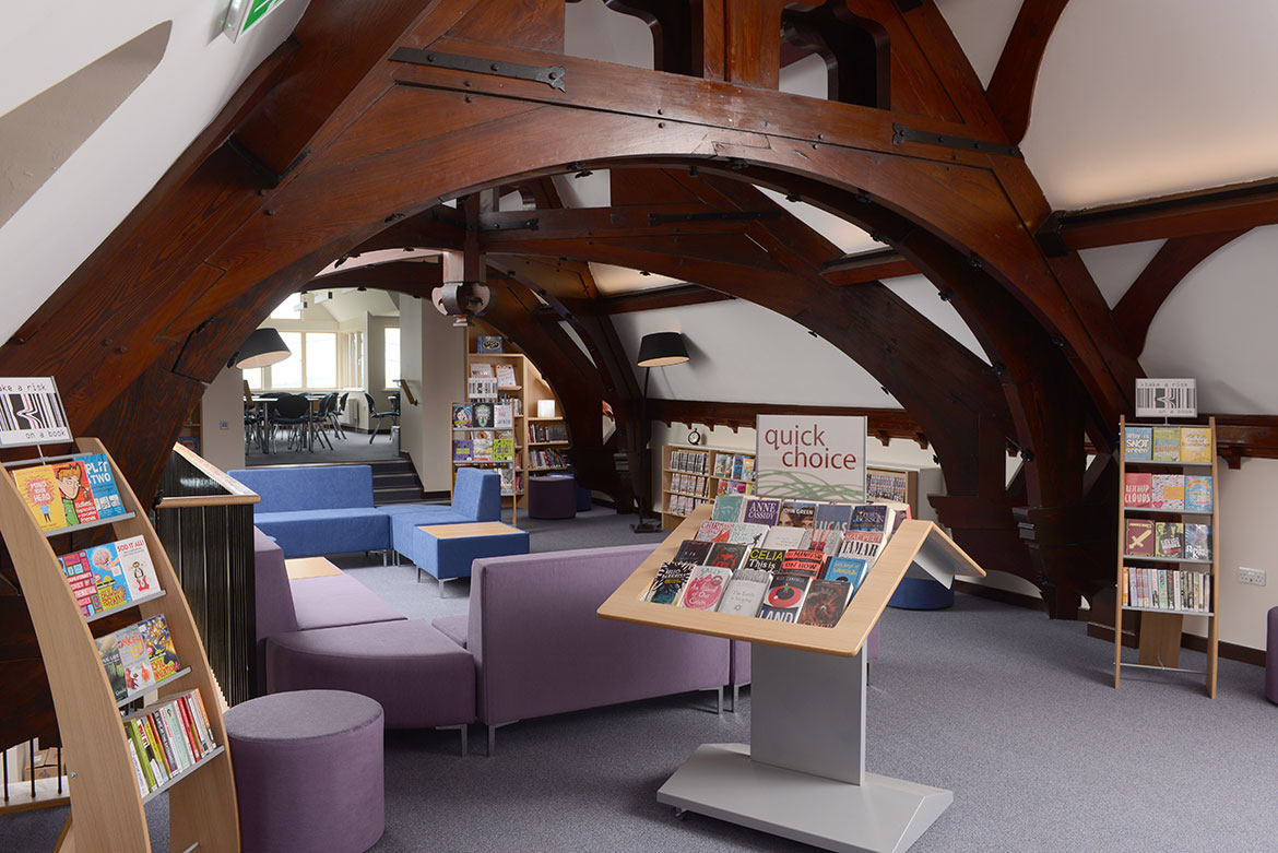 Informal seating and tempting book display provide a relaxed atmosphere