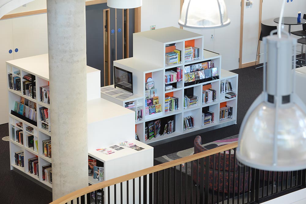 Cube shelving in teensâ€™ area, Southwater Library (Telford)