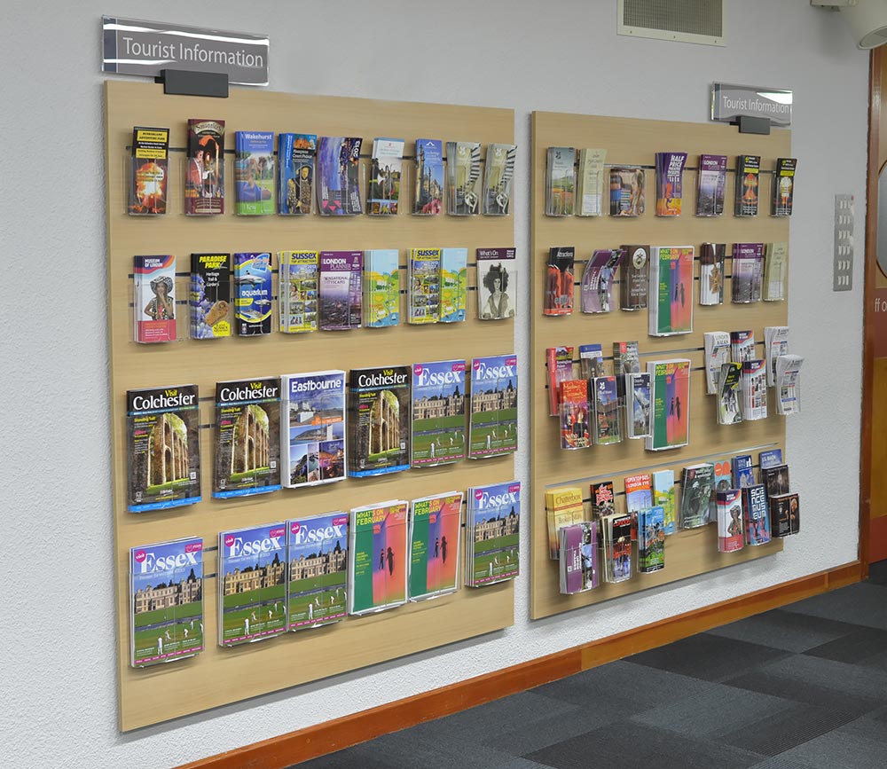 Well-managed tourist information on slatwall boards, Redbridge Library