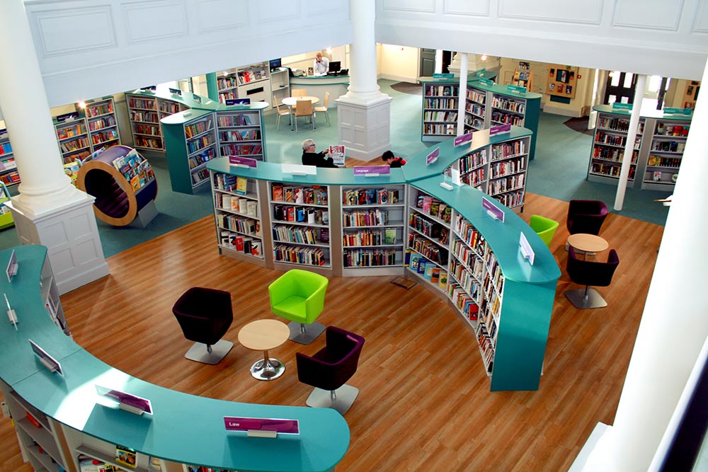Bookcases create quiet seating areas, St Aubyn’s Library Church
