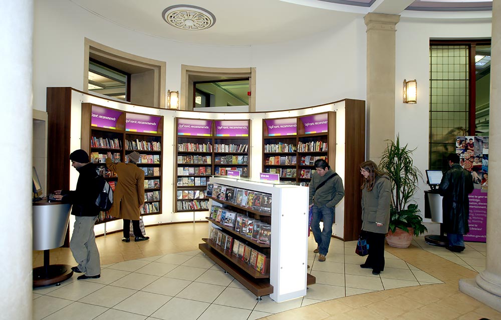 Illuminated bookcases, UpFront area, Bolton Central Library