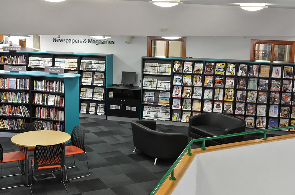 Seating and tables near magazines and newspapers, Redbridge Library