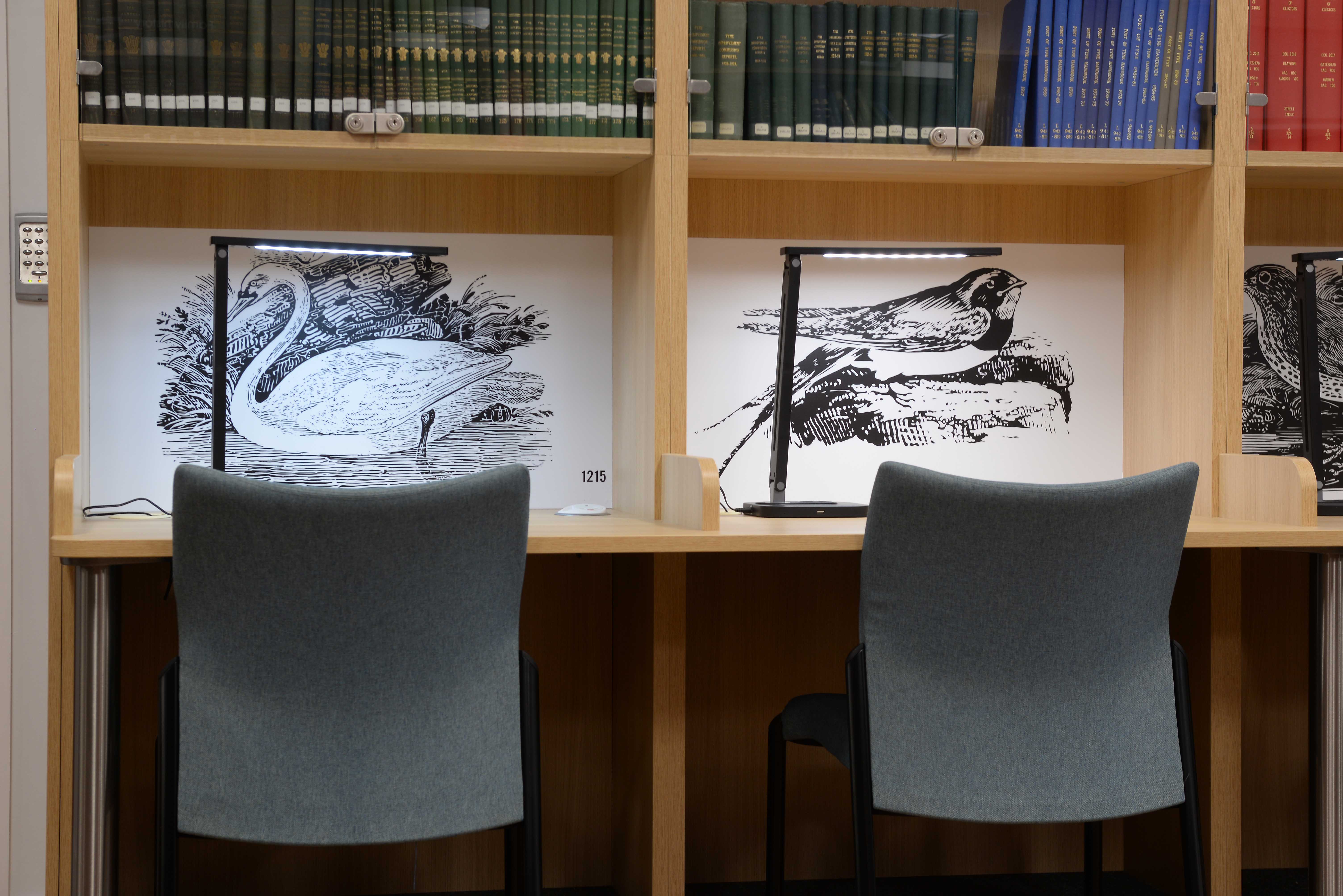 Engravings from the Archive’s Bewick Collection decorate rear panels of study desks