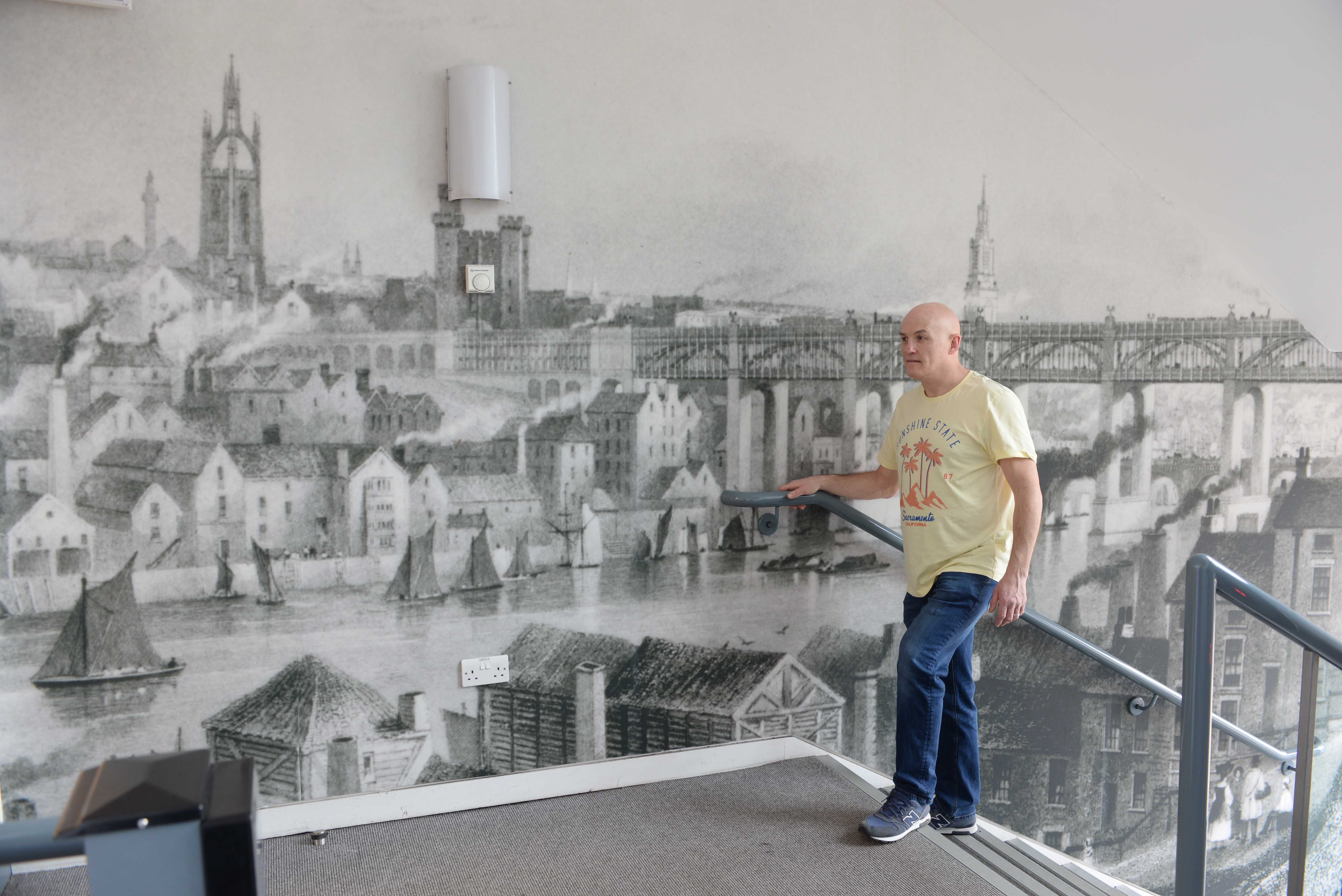 Very early photograph of Gateshead printed as wall graphic on staircase from entrance
